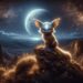 The Carbuncle is portrayed in a nocturnal setting, perched on a high cliff under a starry sky. Resembling a small, agile creature like a fox, its shimmering fur and radiant jewel light up the night, casting magical glows on the surrounding rocks and vegetation. The panoramic view of the night sky, complete with constellations and a bright full moon, adds a serene and enchanting quality to the scene.