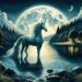 The Ceffyl Dŵr stands by a serene lake under a full moon. The tranquil landscape includes a reflection of the moon on the water, highlighting the creature's mystical and magical nature.