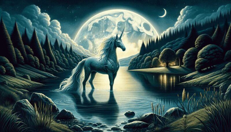 The Ceffyl Dŵr stands by a serene lake under a full moon. The tranquil landscape includes a reflection of the moon on the water, highlighting the creature's mystical and magical nature.