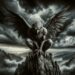 A powerful image of Celaeno perched ominously on a craggy mountain, with dark storm clouds gathering in the sky behind her.