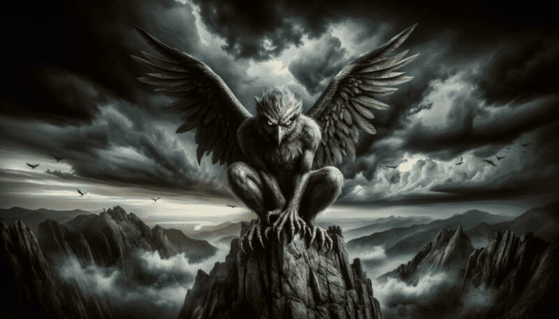 A powerful image of Celaeno perched ominously on a craggy mountain, with dark storm clouds gathering in the sky behind her.