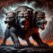 Cerberus is shown as a massive, three-headed dog with dark, menacing fur. Each head bears a fierce expression, steadfastly guarding the gates of the Underworld. The background features the fiery and ominous landscape of the Underworld, with eerie, glowing eyes lurking in the shadows. This scene captures Cerberus's intimidating presence, underscoring its role as the formidable guardian of the afterlife realm.