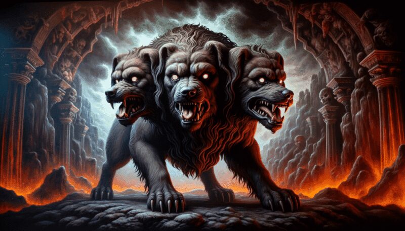 Cerberus is shown as a massive, three-headed dog with dark, menacing fur. Each head bears a fierce expression, steadfastly guarding the gates of the Underworld. The background features the fiery and ominous landscape of the Underworld, with eerie, glowing eyes lurking in the shadows. This scene captures Cerberus's intimidating presence, underscoring its role as the formidable guardian of the afterlife realm.