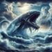 Shown in a tempestuous sea during a storm, Cetus breaches the surface amidst crashing waves and fierce winds. The stormy sea with dark clouds and lightning bolts adds to the chaos and intensity, highlighting Cetus's menacing nature as a harbinger of destruction in Greek mythology.