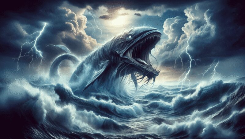 Shown in a tempestuous sea during a storm, Cetus breaches the surface amidst crashing waves and fierce winds. The stormy sea with dark clouds and lightning bolts adds to the chaos and intensity, highlighting Cetus's menacing nature as a harbinger of destruction in Greek mythology.