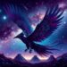 Illustrated soaring in a celestial night sky, Chol's feathers are luminous with deep purples and blues, adorned with constellation-like patterns. Below, the ancient Mayan pyramids and temples are bathed in moonlight, emphasizing Chol's connection to Mayan astronomy and the universe's mysteries.