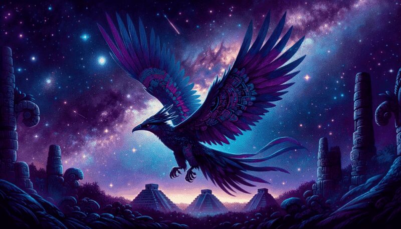 Illustrated soaring in a celestial night sky, Chol's feathers are luminous with deep purples and blues, adorned with constellation-like patterns. Below, the ancient Mayan pyramids and temples are bathed in moonlight, emphasizing Chol's connection to Mayan astronomy and the universe's mysteries.