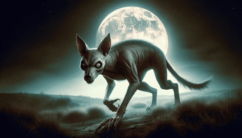 Chupacabra resembles a sinister, hairless coyote. It prowls a desolate landscape under a full moon, its eyes reflecting a cunning intelligence. This portrayal captures a moment of quiet, ominous hunting, conveying the creature's stealth and predatory nature, often mistaken for a wild animal but with a more malevolent presence.