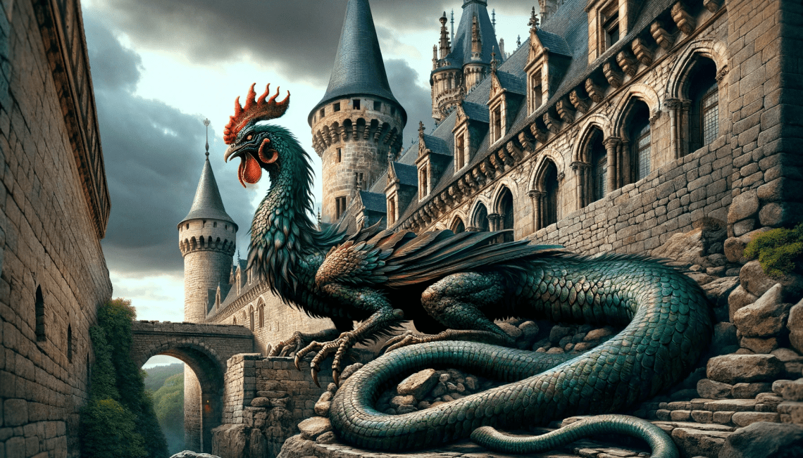 The Cockatrice, a mythical creature from European folklore, is depicted in a medieval castle setting. With a serpentine dragon-like body and rooster's head, it slithers along stone walls, blending with the aged stones. The grand castle, with towering spires and arched windows, emphasizes the Cockatrice's ominous presence as a fearsome creature against the dramatic backdrop of a historic European castle.