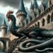 The Cockatrice, a mythical creature from European folklore, is depicted in a medieval castle setting. With a serpentine dragon-like body and rooster's head, it slithers along stone walls, blending with the aged stones. The grand castle, with towering spires and arched windows, emphasizes the Cockatrice's ominous presence as a fearsome creature against the dramatic backdrop of a historic European castle.