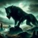 Cu Sith is portrayed as a massive, dark green dog shrouded in mist, roaming the misty moors of Scotland. Its glowing eyes emit an eerie light, and the desolate, haunting landscape with ancient ruins and a full moon sets a foreboding tone, emphasizing its role as a harbinger of death.