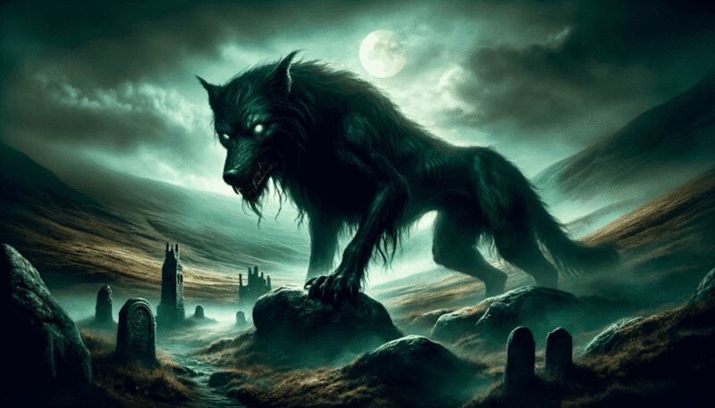 Cu Sith is portrayed as a massive, dark green dog shrouded in mist, roaming the misty moors of Scotland. Its glowing eyes emit an eerie light, and the desolate, haunting landscape with ancient ruins and a full moon sets a foreboding tone, emphasizing its role as a harbinger of death.