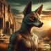 Cynocephaly in an ancient, mystical landscape, possibly a deserted temple or old battlefield. Standing tall with a noble yet wild appearance, the creature embodies a blend of human and canine features. The dramatic setting sun casts long shadows, creating a mysterious atmosphere that highlights its mythical and enigmatic nature.