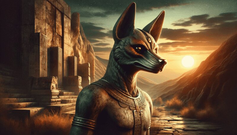 Cynocephaly in an ancient, mystical landscape, possibly a deserted temple or old battlefield. Standing tall with a noble yet wild appearance, the creature embodies a blend of human and canine features. The dramatic setting sun casts long shadows, creating a mysterious atmosphere that highlights its mythical and enigmatic nature.