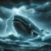 The Devil Whale, massive and terrifying, emerges from a dark and stormy ocean, with high waves and dark clouds overhead. Lightning strikes illuminate its fearsome presence, highlighting its role as a symbol of maritime nightmares and legends.