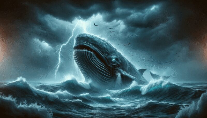 The Devil Whale, massive and terrifying, emerges from a dark and stormy ocean, with high waves and dark clouds overhead. Lightning strikes illuminate its fearsome presence, highlighting its role as a symbol of maritime nightmares and legends.