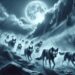 The dogs take on a ghostly, spectral form, their eyes glowing with an otherworldly light against the backdrop of a rugged mountain landscape under a full moon. These once-mortal creatures now move like shadows, their partially transparent forms blending into the misty mountain air. The scene is eerie and haunting, with long shadows and a cold, blue-toned palette, emphasizing the supernatural transformation of the dogs into beings of myth and legend.