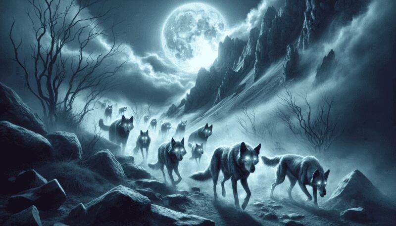 The dogs take on a ghostly, spectral form, their eyes glowing with an otherworldly light against the backdrop of a rugged mountain landscape under a full moon. These once-mortal creatures now move like shadows, their partially transparent forms blending into the misty mountain air. The scene is eerie and haunting, with long shadows and a cold, blue-toned palette, emphasizing the supernatural transformation of the dogs into beings of myth and legend.