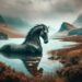 The Each-uisge, known for its shape-shifting abilities and malevolent nature, is depicted emerging from the waters of a loch in the Scottish Highlands. The landscape features rolling hills, heather, and a misty ambiance, capturing the creature's enigmatic and dangerous presence.