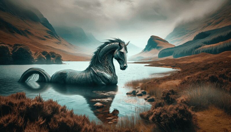 The Each-uisge, known for its shape-shifting abilities and malevolent nature, is depicted emerging from the waters of a loch in the Scottish Highlands. The landscape features rolling hills, heather, and a misty ambiance, capturing the creature's enigmatic and dangerous presence.