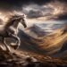 Shown ascending a steep mountain path, Enbarr overlooks the rugged and majestic Irish countryside. The panoramic view with rolling valleys and a distant rainbow emphasizes Enbarr's adventurous spirit and mystical qualities.