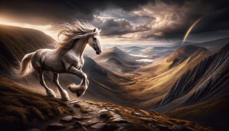 Shown ascending a steep mountain path, Enbarr overlooks the rugged and majestic Irish countryside. The panoramic view with rolling valleys and a distant rainbow emphasizes Enbarr's adventurous spirit and mystical qualities.