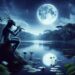 Depicted playing a flute by the edge of a serene lagoon under the moonlight, the Encantado's human form creates a magical and mysterious atmosphere. The tranquil setting with calm waters, blooming water lilies, and dense rainforest emphasizes the Encantado's enchanting and seductive nature in Amazonian mythology.