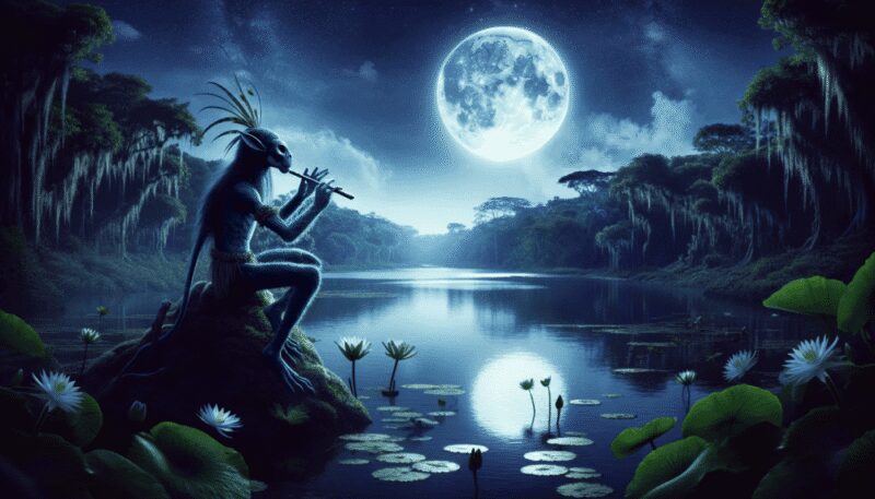 Depicted playing a flute by the edge of a serene lagoon under the moonlight, the Encantado's human form creates a magical and mysterious atmosphere. The tranquil setting with calm waters, blooming water lilies, and dense rainforest emphasizes the Encantado's enchanting and seductive nature in Amazonian mythology.