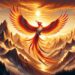 This image shows Fenghuang in flight against a majestic mountainous landscape at sunset. Its feathers are a radiant mix of red, orange, and gold, soaring above the high peaks bathed in the warm, golden light of the setting sun, symbolizing harmony and balance.