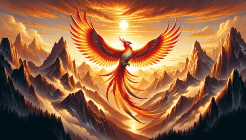 This image shows Fenghuang in flight against a majestic mountainous landscape at sunset. Its feathers are a radiant mix of red, orange, and gold, soaring above the high peaks bathed in the warm, golden light of the setting sun, symbolizing harmony and balance.