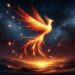 The Firebird is depicted in a vibrant, enchanted forest, with plumage that glows like flames in red, orange, and yellow. Its magical light illuminates the trees and plants, creating a scene of wonder in the midst of a dark green and blue forest.
