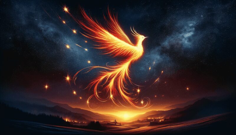 The Firebird is depicted in a vibrant, enchanted forest, with plumage that glows like flames in red, orange, and yellow. Its magical light illuminates the trees and plants, creating a scene of wonder in the midst of a dark green and blue forest.