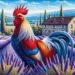 The Gallic Rooster, the national symbol of France, stands proudly in a field of lavender in the French countryside. Its vibrant plumage in shades of red, white, and blue reflects the colors of the French flag. The background features rolling hills, vineyards, and a traditional stone farmhouse under a clear blue sky, emphasizing the rooster's significance as an emblem of French heritage and pride.