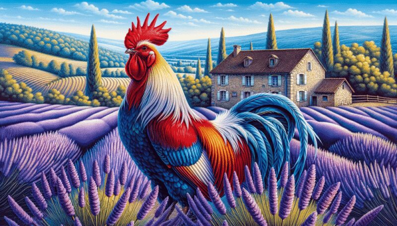 The Gallic Rooster, the national symbol of France, stands proudly in a field of lavender in the French countryside. Its vibrant plumage in shades of red, white, and blue reflects the colors of the French flag. The background features rolling hills, vineyards, and a traditional stone farmhouse under a clear blue sky, emphasizing the rooster's significance as an emblem of French heritage and pride.