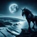 The Glashtyn, appearing as a dark, horse-like figure with a human face, stands on a cliff overlooking the sea under a moonlit sky. The tranquil yet haunting atmosphere captures its dual nature as a mysterious and malevolent entity in Manx mythology, symbolizing its connection to the sea and the island's mystical heritage.