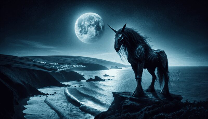 The Glashtyn, appearing as a dark, horse-like figure with a human face, stands on a cliff overlooking the sea under a moonlit sky. The tranquil yet haunting atmosphere captures its dual nature as a mysterious and malevolent entity in Manx mythology, symbolizing its connection to the sea and the island's mystical heritage.