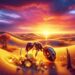 A gold-digging ant in a mystical desert setting, illuminated by the vibrant hues of a sunset. This ant, far larger than its ordinary counterparts, is adorned with a golden sheen, mirroring the warm glow of the setting sun. Engaged in its namesake activity, the ant is seen excavating shimmering gold nuggets from the sandy terrain, with several pieces already scattered around its sizable feet. The backdrop is a serene desert, characterized by gently rolling dunes, sparse vegetation, and distant mountains. Overhead, the sky is a canvas of orange, pink, and purple, lending a magical, almost otherworldly ambiance to the entire scene.