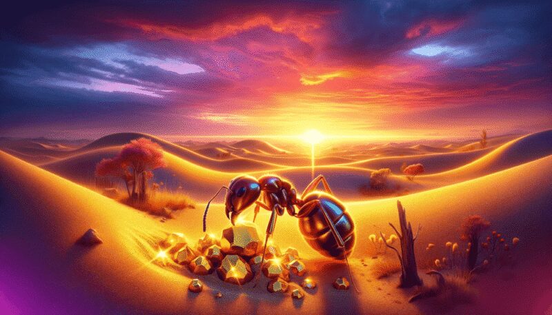 A gold-digging ant in a mystical desert setting, illuminated by the vibrant hues of a sunset. This ant, far larger than its ordinary counterparts, is adorned with a golden sheen, mirroring the warm glow of the setting sun. Engaged in its namesake activity, the ant is seen excavating shimmering gold nuggets from the sandy terrain, with several pieces already scattered around its sizable feet. The backdrop is a serene desert, characterized by gently rolling dunes, sparse vegetation, and distant mountains. Overhead, the sky is a canvas of orange, pink, and purple, lending a magical, almost otherworldly ambiance to the entire scene.