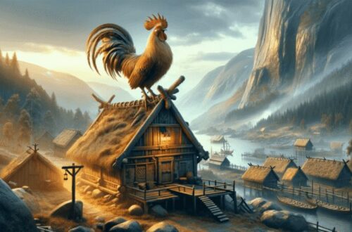 The mythical rooster from Norse mythology, Gullinkambi, is depicted in a scenic Norse village. With golden plumage, it perches atop a traditional Viking longhouse. The rugged landscape of mountains, fjords, and forests, illuminated by early morning light, highlights Gullinkambi's role as a herald of dawn and symbol of vigilance in a serene yet majestic Norse setting.