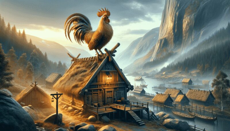 The mythical rooster from Norse mythology, Gullinkambi, is depicted in a scenic Norse village. With golden plumage, it perches atop a traditional Viking longhouse. The rugged landscape of mountains, fjords, and forests, illuminated by early morning light, highlights Gullinkambi's role as a herald of dawn and symbol of vigilance in a serene yet majestic Norse setting.