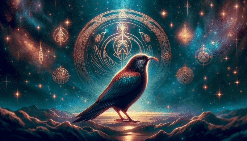 A mystical image of the Hakawai under a starry night sky, with Maori symbols glowing in the background, showcasing its spiritual significance.