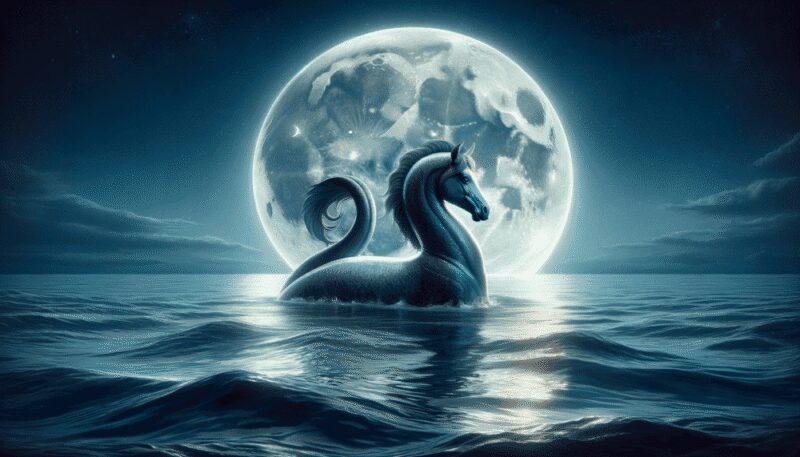 Depicted gliding through the water under a full moon, the Hippocampus is set against a calm sea with gentle waves and the reflection of the moon on the water's surface, capturing its connection to the moon and its role as a symbol of mystery and magic.