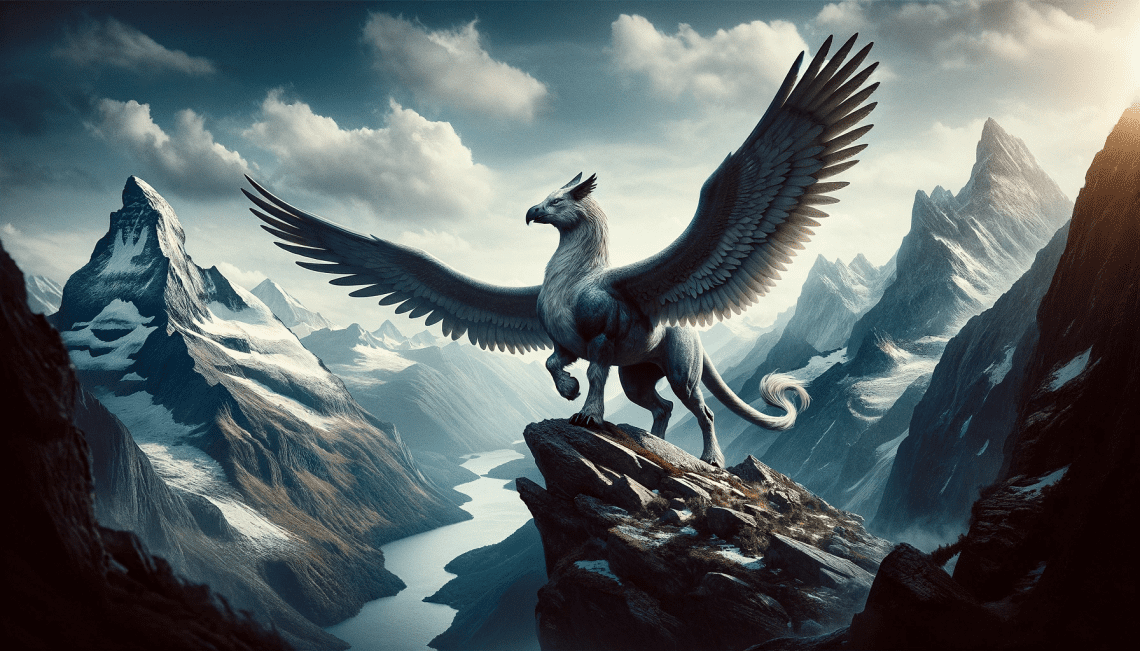 Illustrated in a mountainous scene, the Hippogriff, perched atop a high mountain peak, overlooks a vast and rugged landscape. Its powerful wings spread wide, ready to take flight. The dramatic mountain terrain with steep cliffs and snow-covered peaks emphasizes its connection to the natural world and its majestic symbolism in legends.