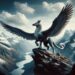 Illustrated in a mountainous scene, the Hippogriff, perched atop a high mountain peak, overlooks a vast and rugged landscape. Its powerful wings spread wide, ready to take flight. The dramatic mountain terrain with steep cliffs and snow-covered peaks emphasizes its connection to the natural world and its majestic symbolism in legends.
