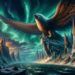 Hræsvelgr is depicted perched at the end of the earth, as a massive and powerful eagle with its wings spread wide. The scene includes towering icy cliffs, a vast expanse of the ocean, and the aurora borealis in the sky, creating a dramatic and otherworldly atmosphere. This image captures Hræsvelgr's mythical presence and its role as the creature that creates the wind by beating its wings, set against the backdrop of the mystical Norse cosmology.