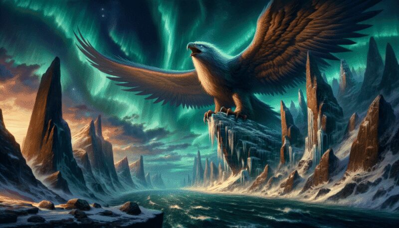 Hræsvelgr is depicted perched at the end of the earth, as a massive and powerful eagle with its wings spread wide. The scene includes towering icy cliffs, a vast expanse of the ocean, and the aurora borealis in the sky, creating a dramatic and otherworldly atmosphere. This image captures Hræsvelgr's mythical presence and its role as the creature that creates the wind by beating its wings, set against the backdrop of the mystical Norse cosmology.