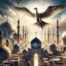 A captivating image of the Hudhud soaring over the domes and minarets of an ancient Middle Eastern city, its reflection visible in the city's waters, symbolizing its role as a symbol of wisdom and communication.