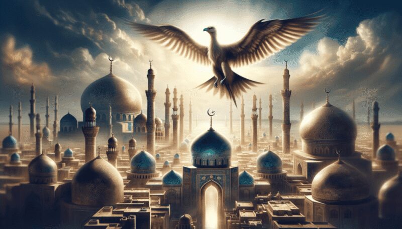 A captivating image of the Hudhud soaring over the domes and minarets of an ancient Middle Eastern city, its reflection visible in the city's waters, symbolizing its role as a symbol of wisdom and communication.