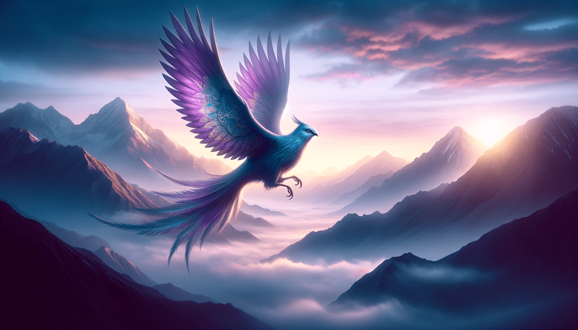 This image shows the Huma bird in a mystical mountain range at dawn. Its iridescent feathers in hues of purple and silver symbolize a connection to the spiritual realm. Soaring above mist-shrouded peaks under a pastel dawn sky, the image captures the bird's ethereal beauty and symbolism of enlightenment.