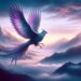 This image shows the Huma bird in a mystical mountain range at dawn. Its iridescent feathers in hues of purple and silver symbolize a connection to the spiritual realm. Soaring above mist-shrouded peaks under a pastel dawn sky, the image captures the bird's ethereal beauty and symbolism of enlightenment.